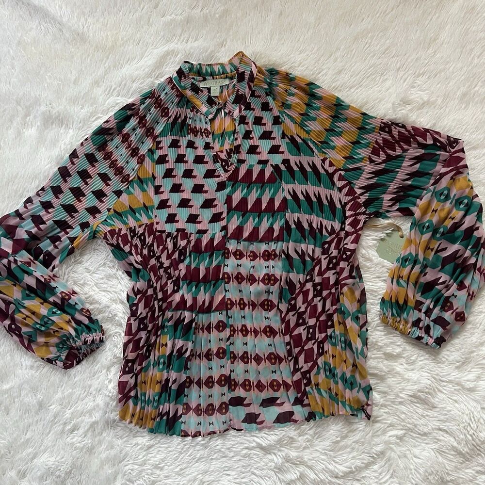 Ryegrass Dillard's Accordion Pleated Blouse XL Boho Geometric Print Long Sleeves